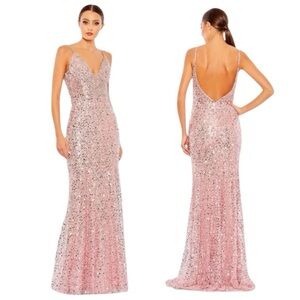 Mac Duggal Pink Embellished Plunge Neck Sleeveless Trumpet Gown Sz 10 #68175